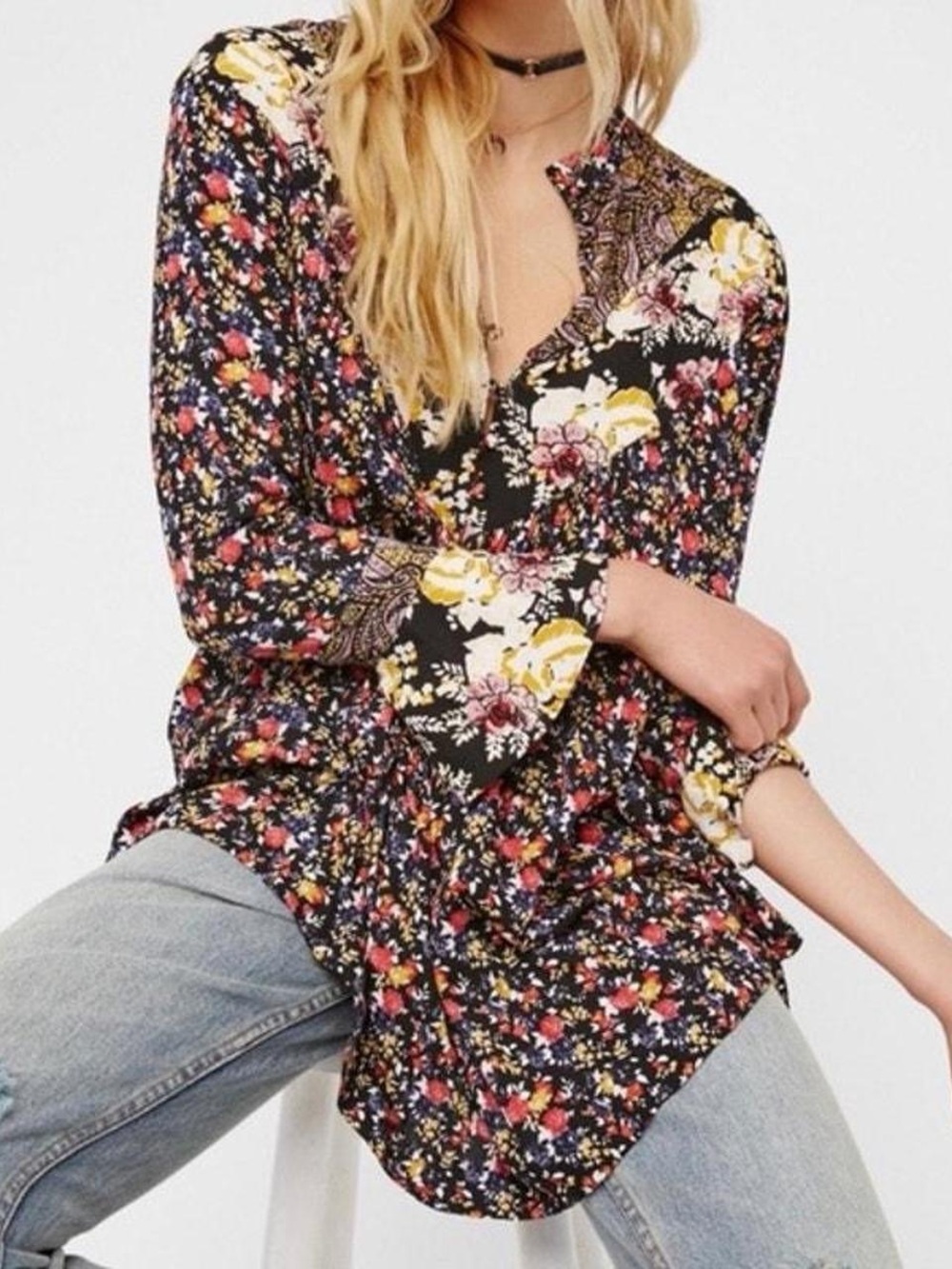Free People Black Floral Split-Neck Tunic with Yellow Accents